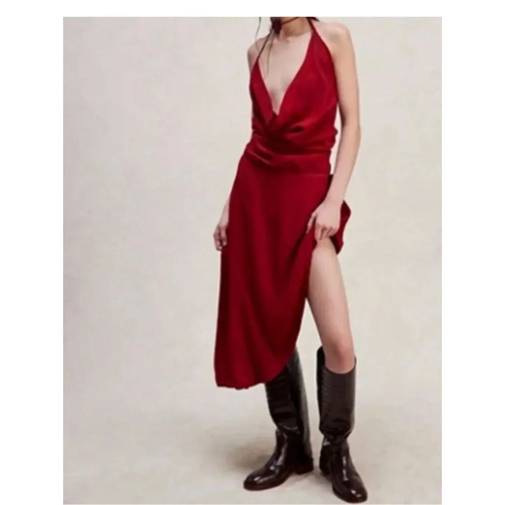Nicholas K Burgundy Halter High-Low Midi Dress